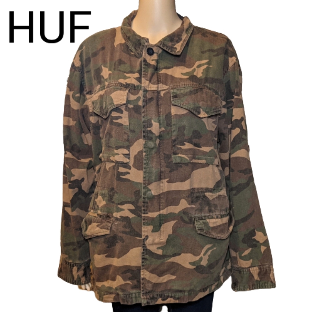 HUF Men's Military Camo Field Jacket Cotton Large